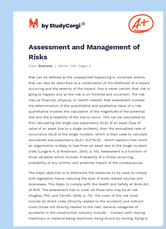 Assessment and Management of Risks. Page 1