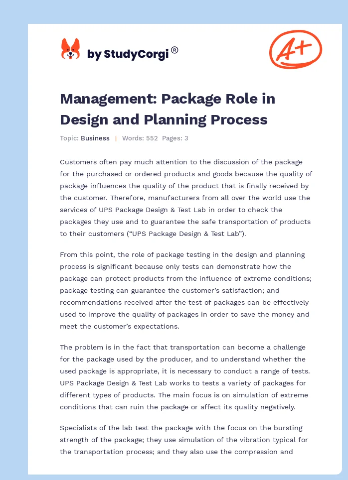 Management: Package Role in Design and Planning Process. Page 1