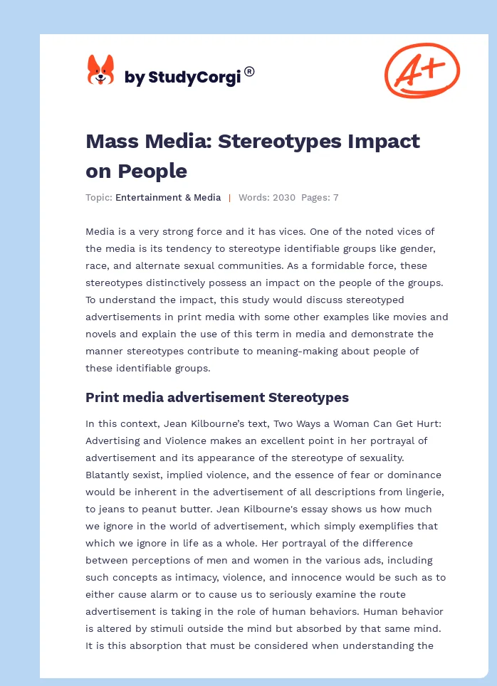 Mass Media: Stereotypes Impact on People. Page 1