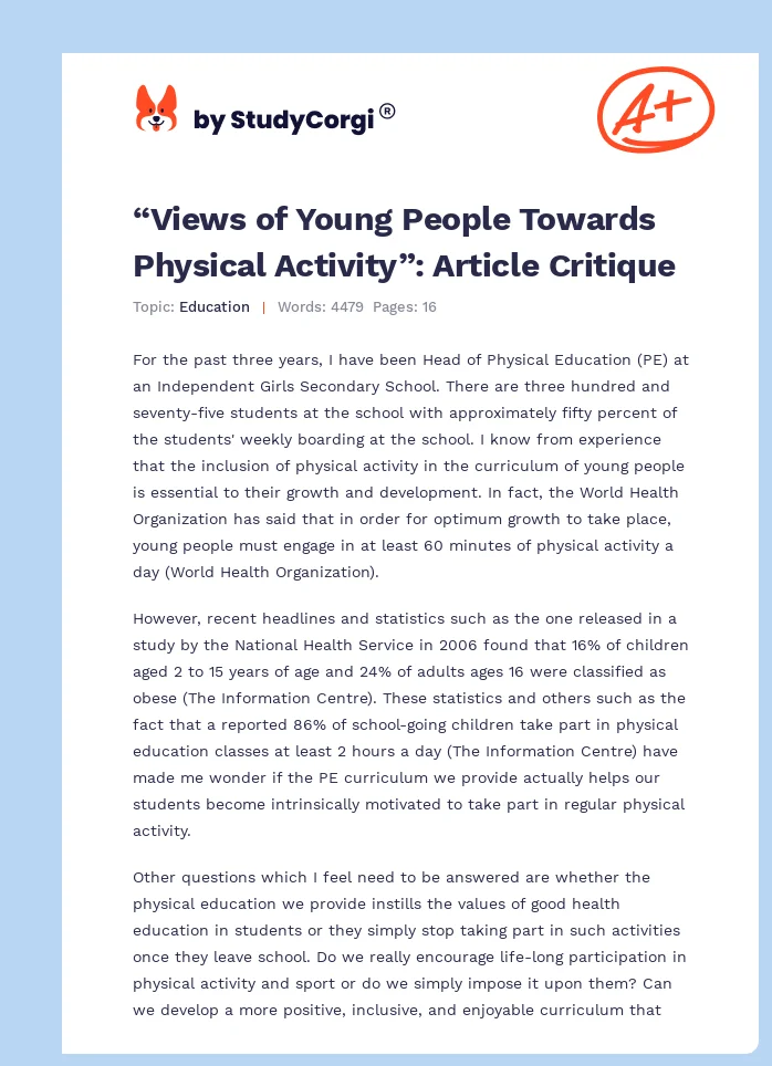 “Views of Young People Towards Physical Activity”: Article Critique. Page 1