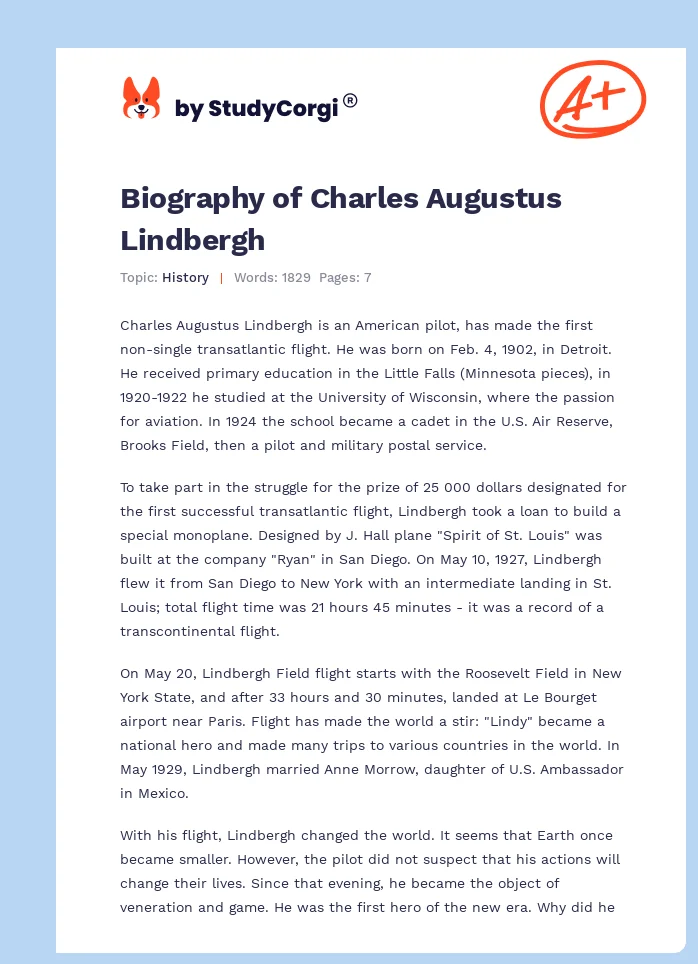 Biography of Charles Augustus Lindbergh. Page 1