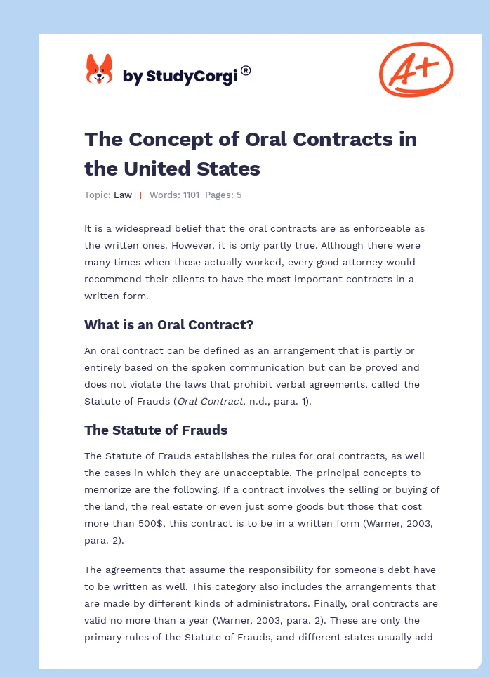 The Concept of Oral Contracts in the United States. Page 1
