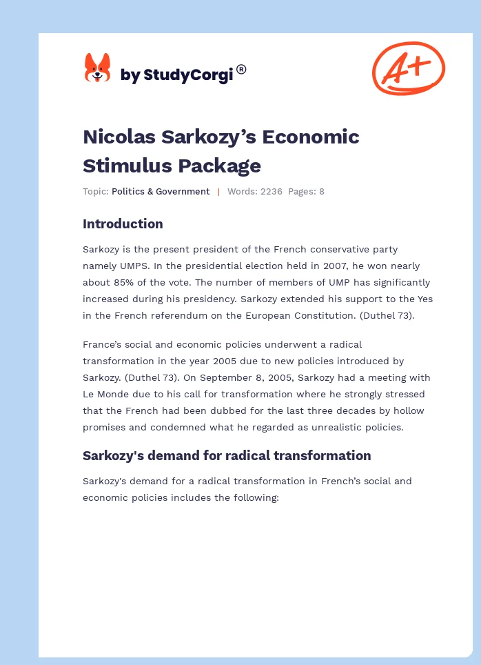 Nicolas Sarkozy’s Economic Stimulus Package. Page 1