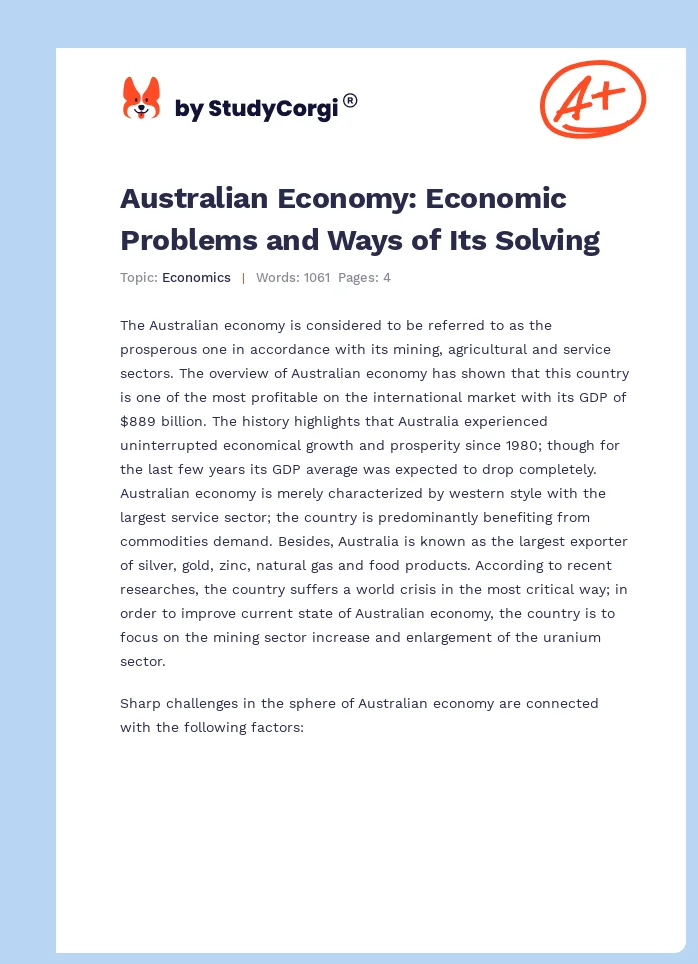 Australian Economy: Economic Problems and Ways of Its Solving. Page 1