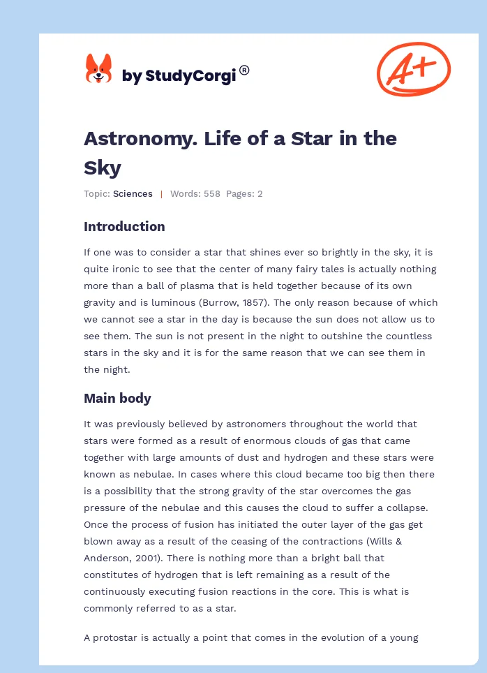 Astronomy. Life of a Star in the Sky. Page 1