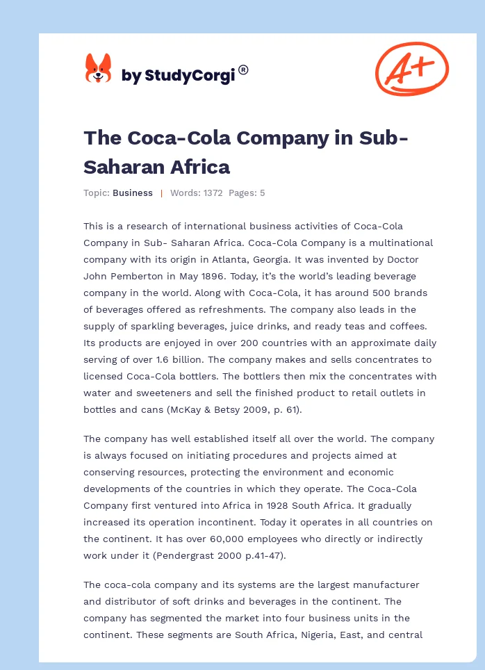 The Coca-Cola Company in Sub-Saharan Africa. Page 1