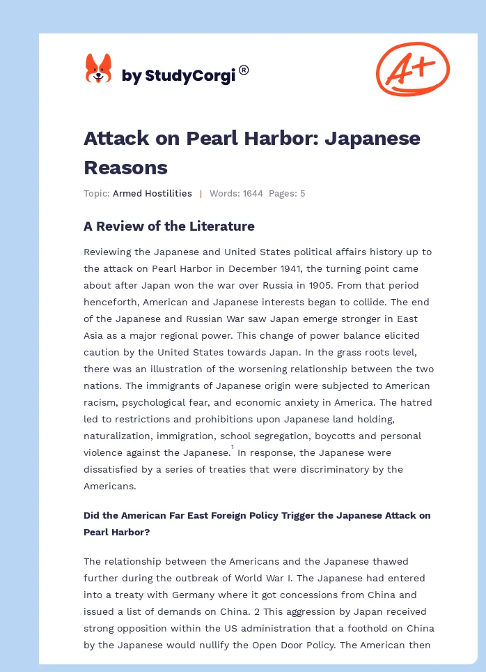 Attack on Pearl Harbor: Japanese Reasons. Page 1