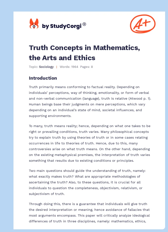 Truth Concepts in Mathematics, the Arts and Ethics. Page 1
