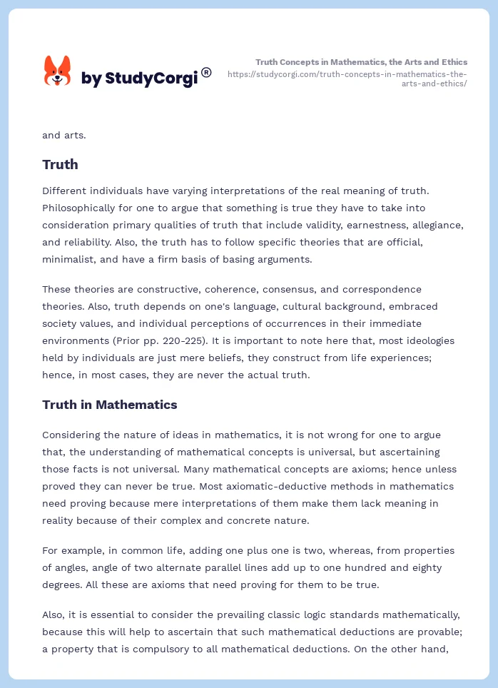 Truth Concepts in Mathematics, the Arts and Ethics. Page 2