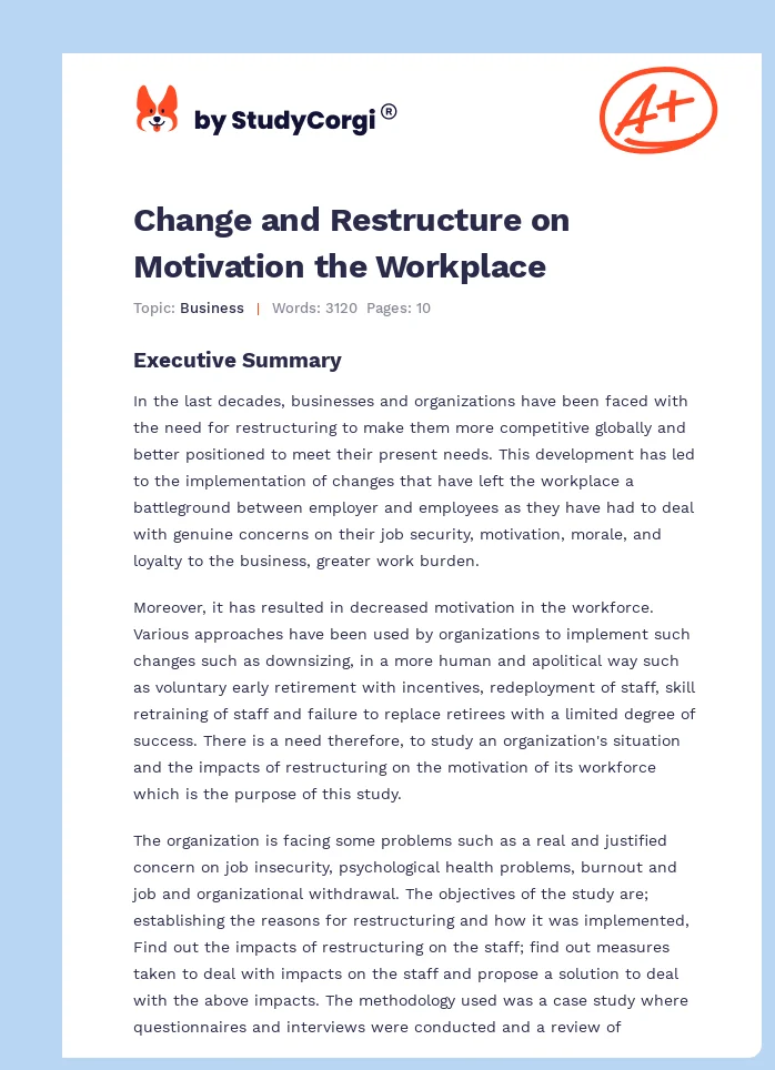 Change and Restructure on Motivation the Workplace. Page 1