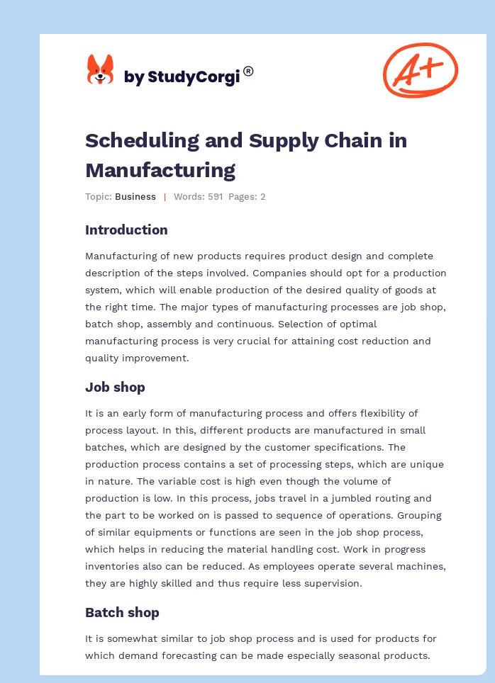 Scheduling and Supply Chain in Manufacturing. Page 1