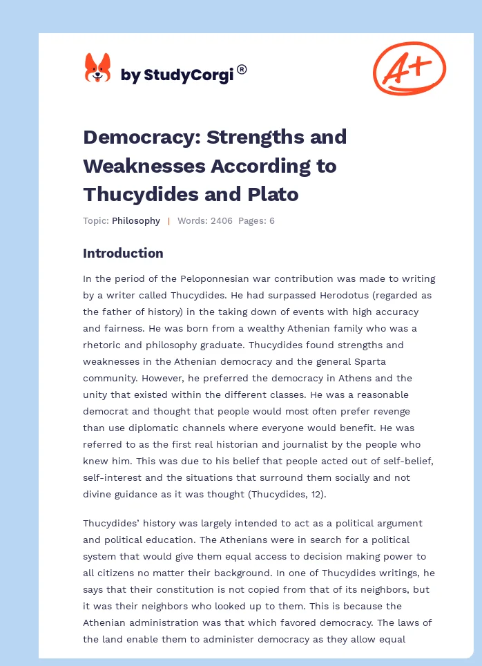 Democracy: Strengths and Weaknesses According to Thucydides and Plato. Page 1