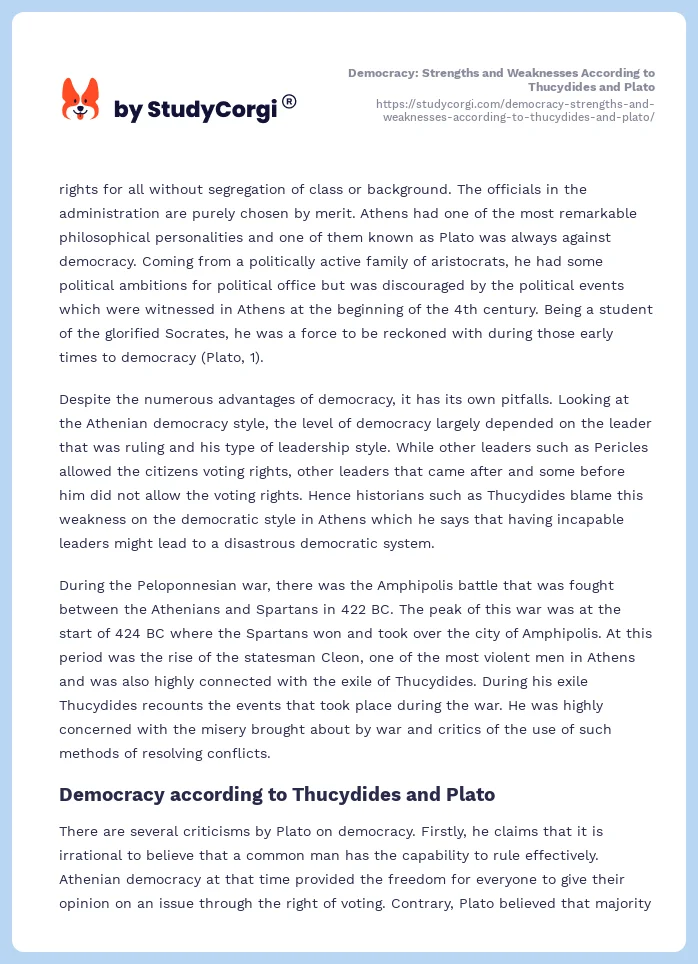 Democracy: Strengths and Weaknesses According to Thucydides and Plato. Page 2