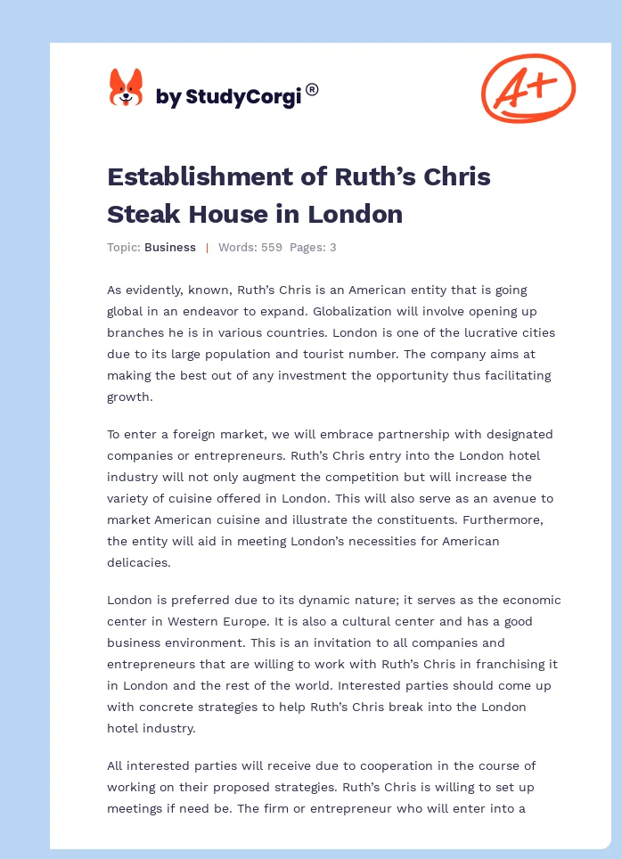 Establishment of Ruth’s Chris Steak House in London. Page 1