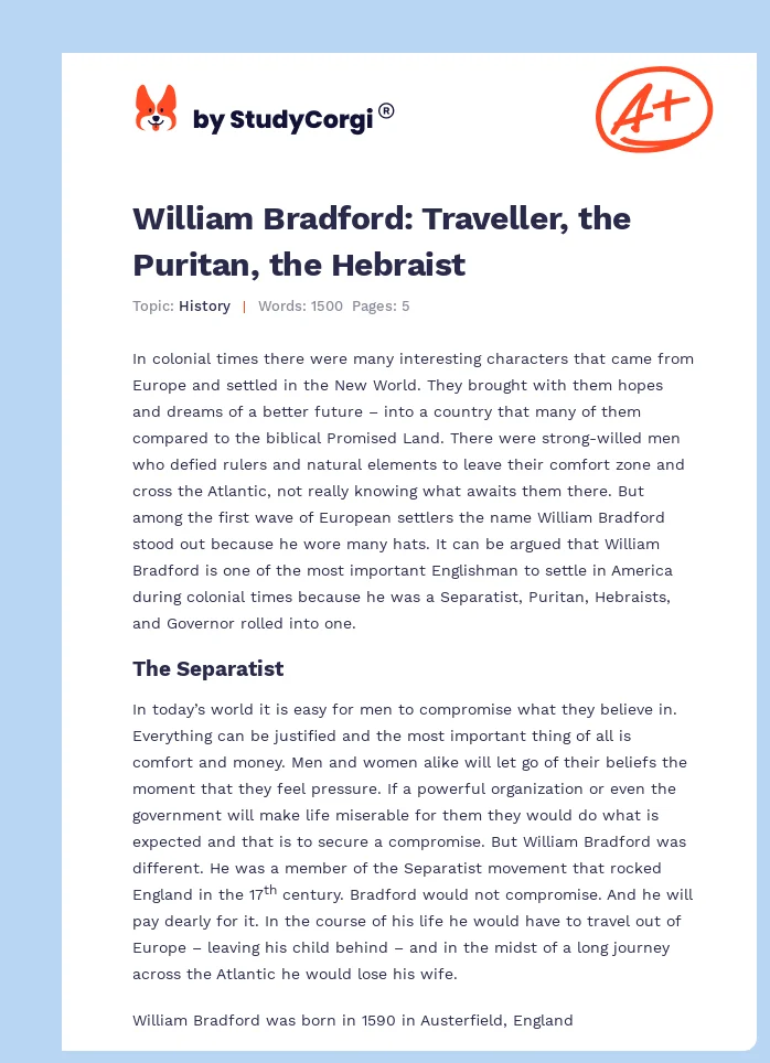 William Bradford: Traveller, the Puritan, the Hebraist. Page 1
