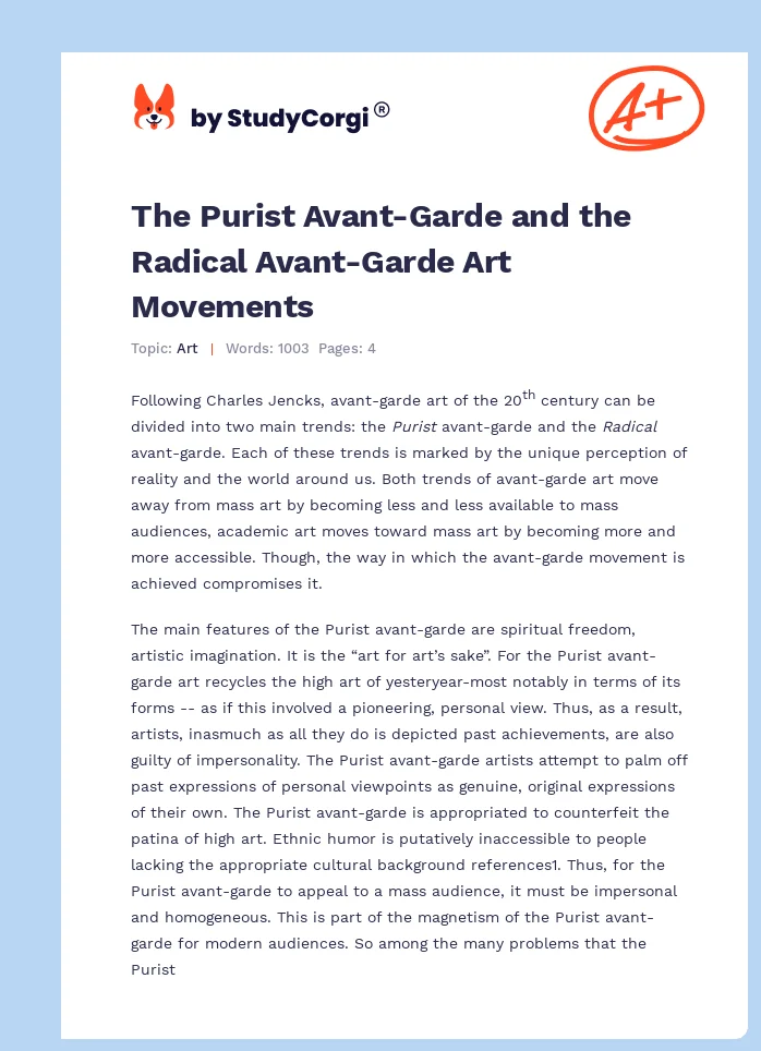 The Purist Avant-Garde and the Radical Avant-Garde Art Movements. Page 1