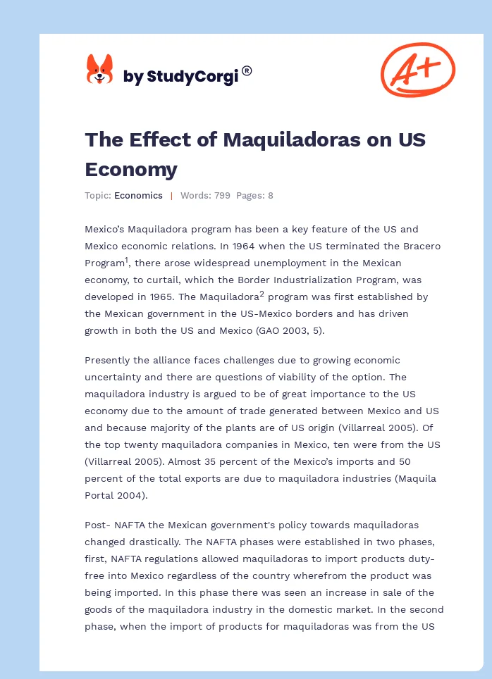 The Effect of Maquiladoras on US Economy. Page 1