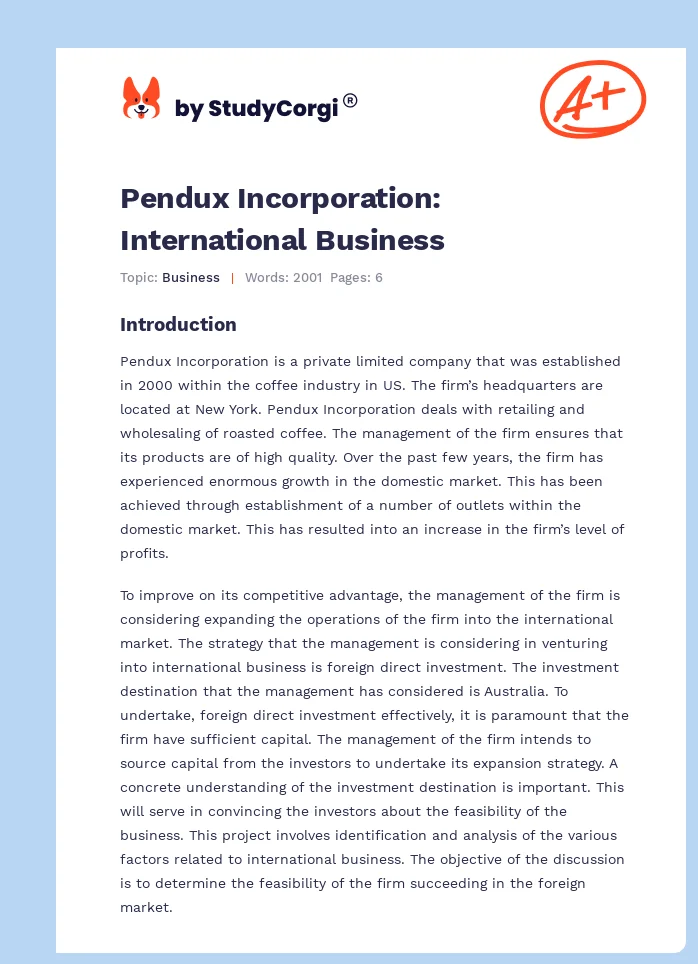 Pendux Incorporation: International Business. Page 1