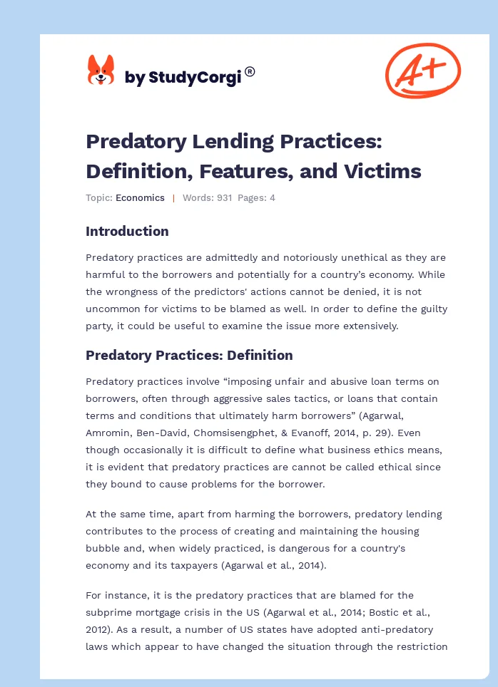 Predatory Lending Practices: Definition, Features, and Victims. Page 1