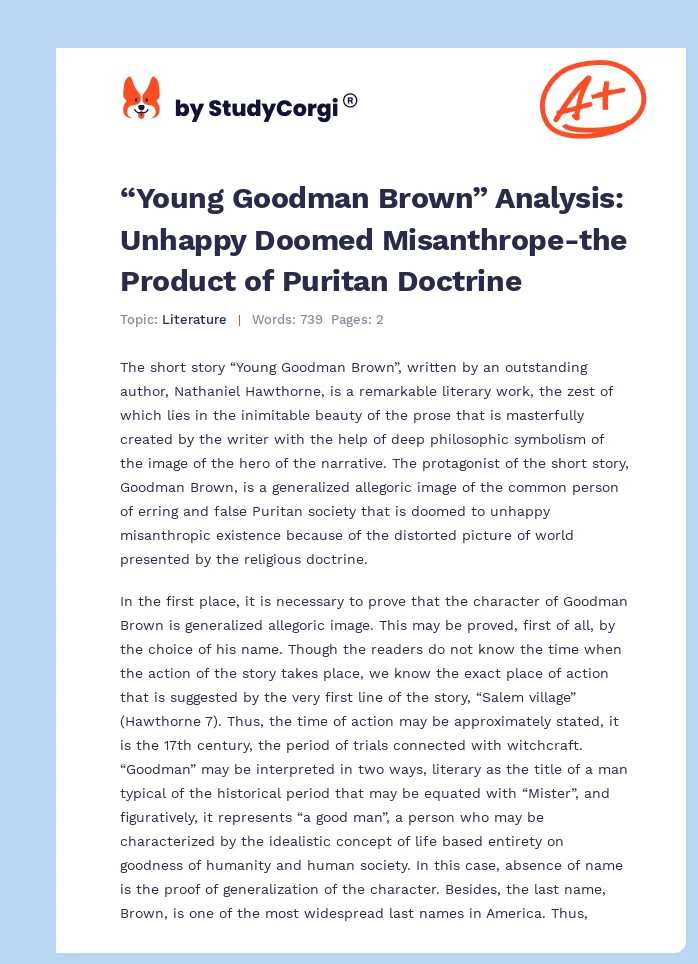 “Young Goodman Brown” Analysis: Unhappy Doomed Misanthrope-the Product of Puritan Doctrine. Page 1