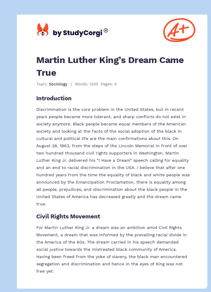 Martin Luther King’s Dream Came True. Page 1