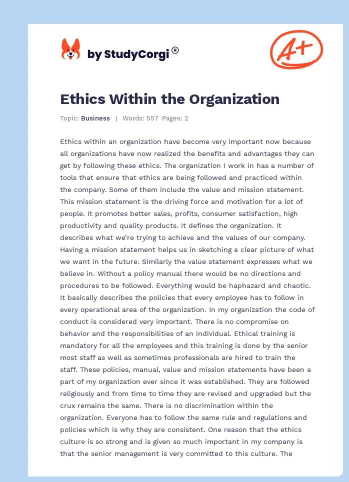 Ethics Within the Organization. Page 1