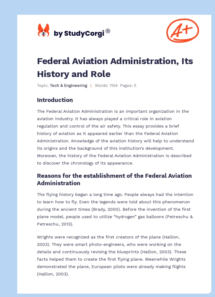 Federal Aviation Administration, Its History and Role. Page 1