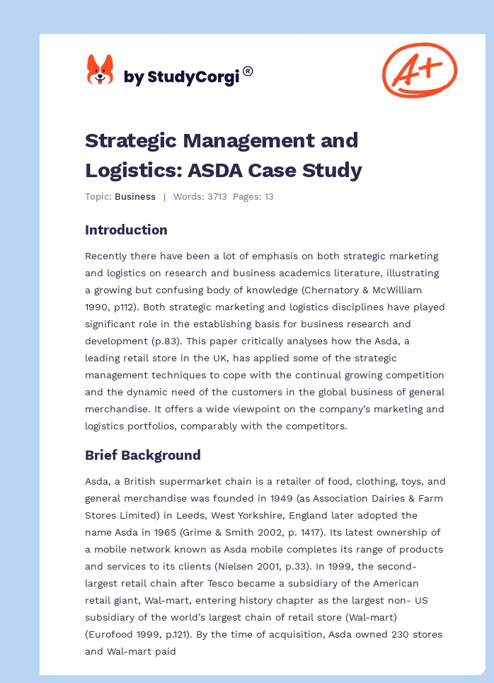 Strategic Management and Logistics: ASDA Case Study. Page 1