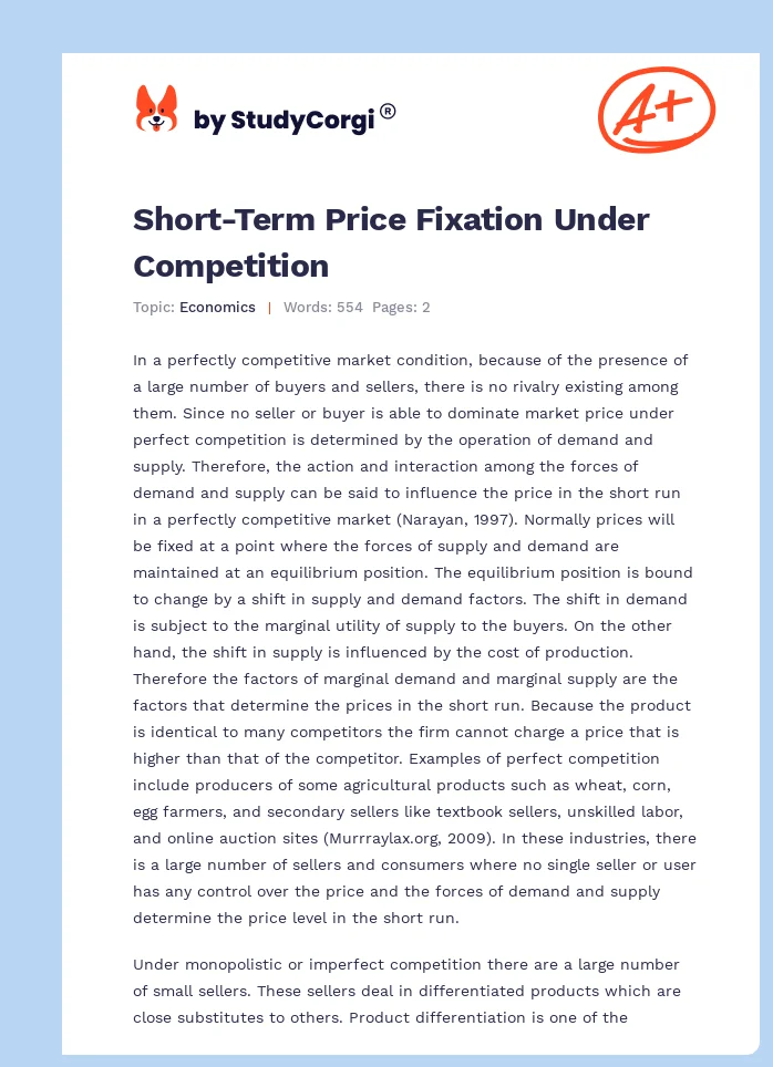 Short-Term Price Fixation Under Competition. Page 1