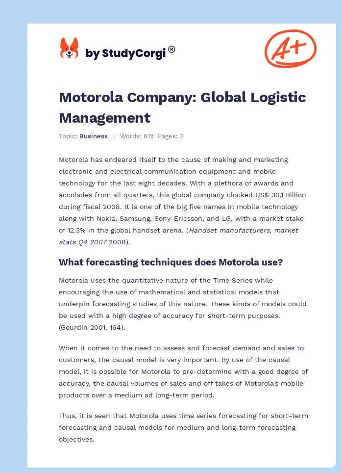 Motorola Company: Global Logistic Management. Page 1