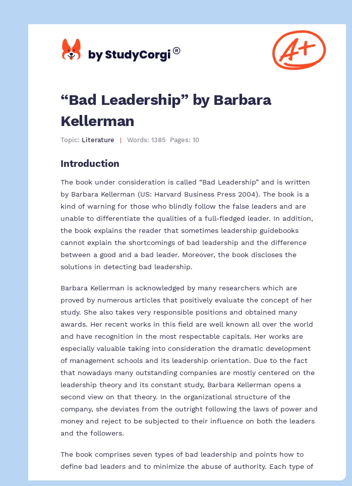 “Bad Leadership” by Barbara Kellerman. Page 1