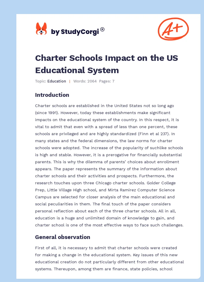 Charter Schools Impact on the US Educational System. Page 1