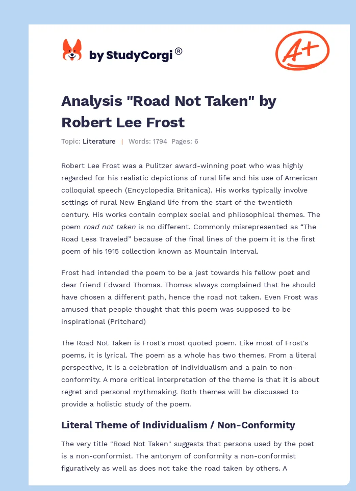 Analysis "Road Not Taken" by Robert Lee Frost. Page 1