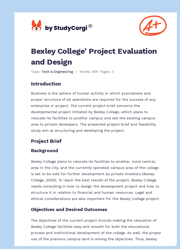 Bexley College’ Project Evaluation and Design. Page 1