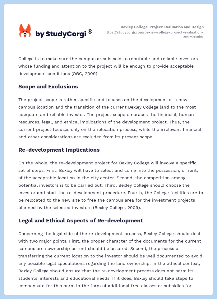 Bexley College’ Project Evaluation and Design. Page 2