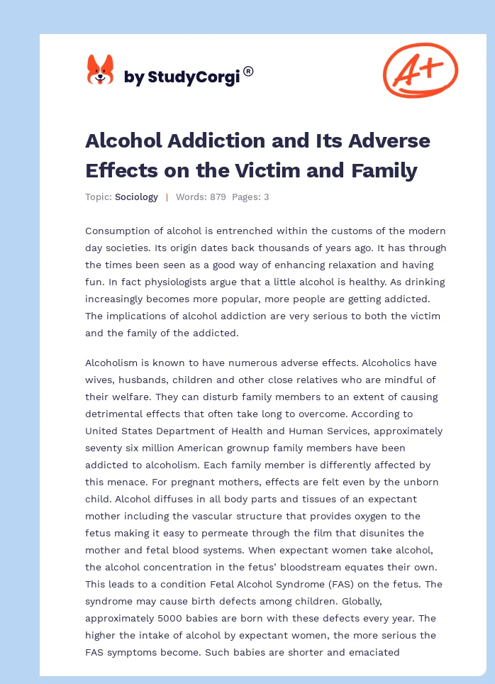 Alcohol Addiction and Its Adverse Effects on the Victim and Family. Page 1