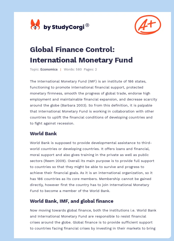 Global Finance Control: International Monetary Fund. Page 1