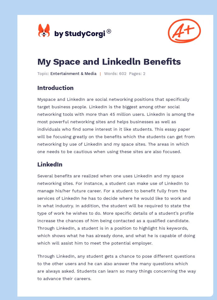 My Space and Linkedln Benefits. Page 1