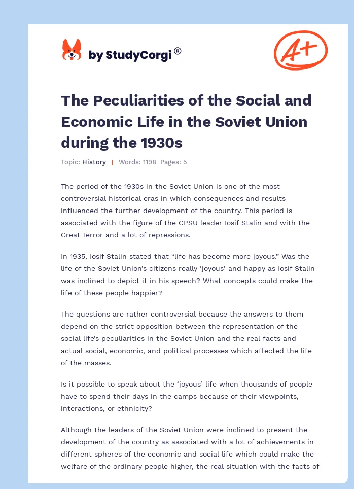 The Peculiarities of the Social and Economic Life in the Soviet Union during the 1930s. Page 1