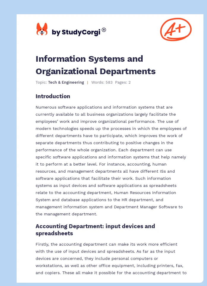 Information Systems and Organizational Departments. Page 1