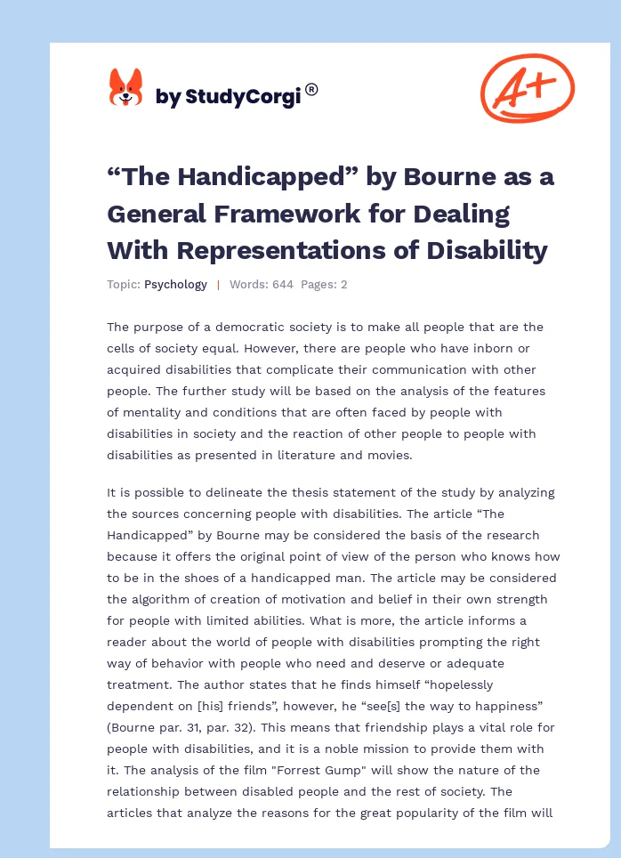“The Handicapped” by Bourne as a General Framework for Dealing With Representations of Disability. Page 1