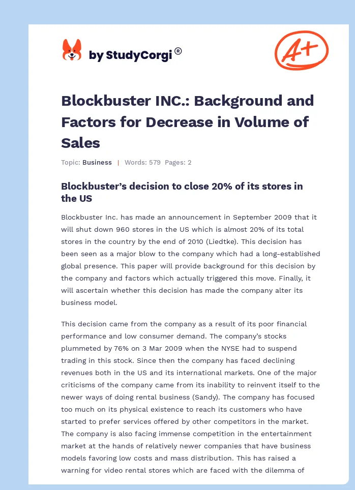 Blockbuster INC.: Background and Factors for Decrease in Volume of Sales. Page 1