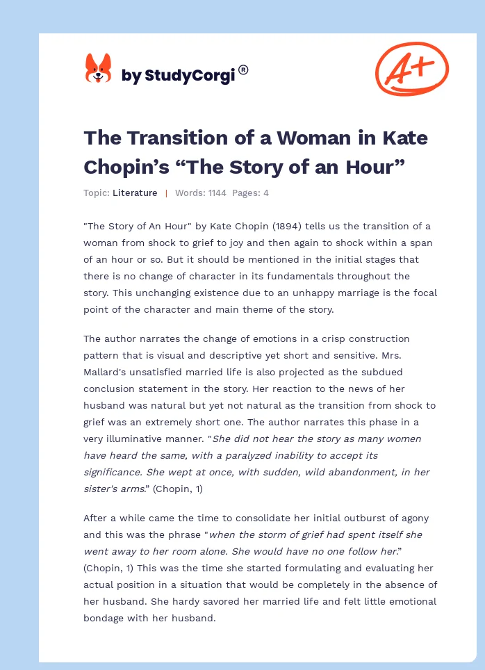 The Transition of a Woman in Kate Chopin’s “The Story of an Hour”. Page 1