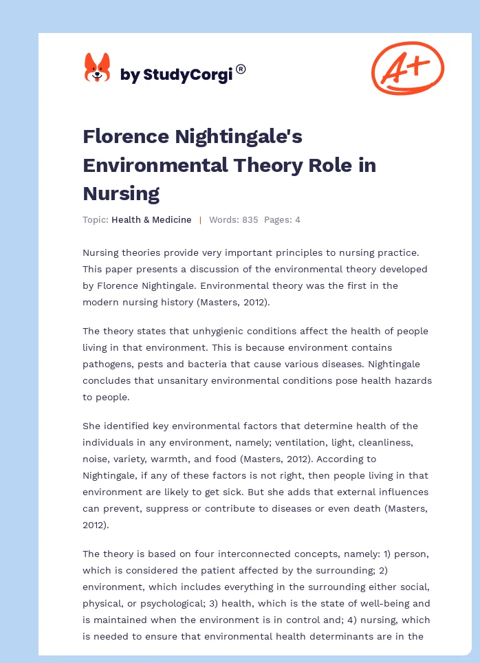 Florence Nightingale's Environmental Theory Role in Nursing. Page 1