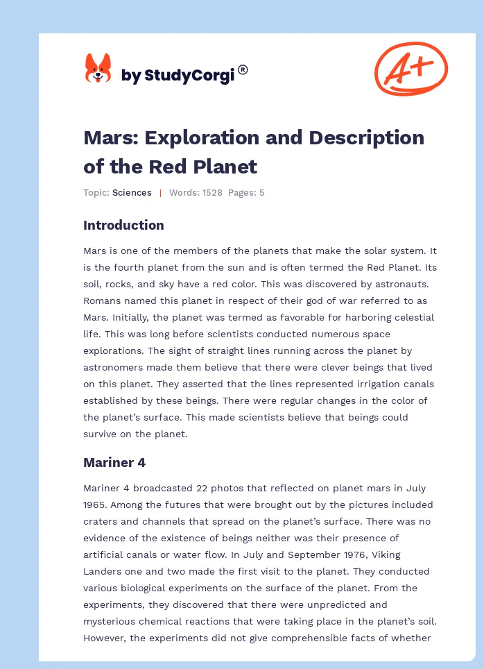 Mars: Exploration and Description of the Red Planet. Page 1