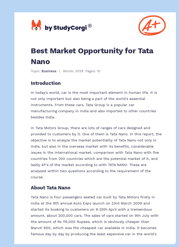 Best Market Opportunity for Tata Nano. Page 1