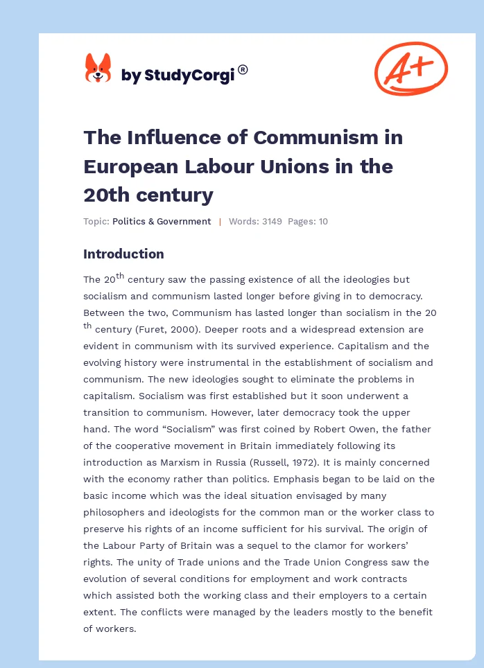 The Influence of Communism in European Labour Unions in the 20th century. Page 1
