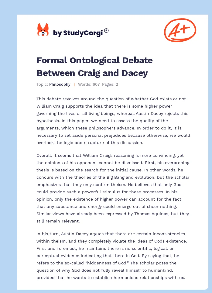 Formal Ontological Debate Between Craig and Dacey. Page 1