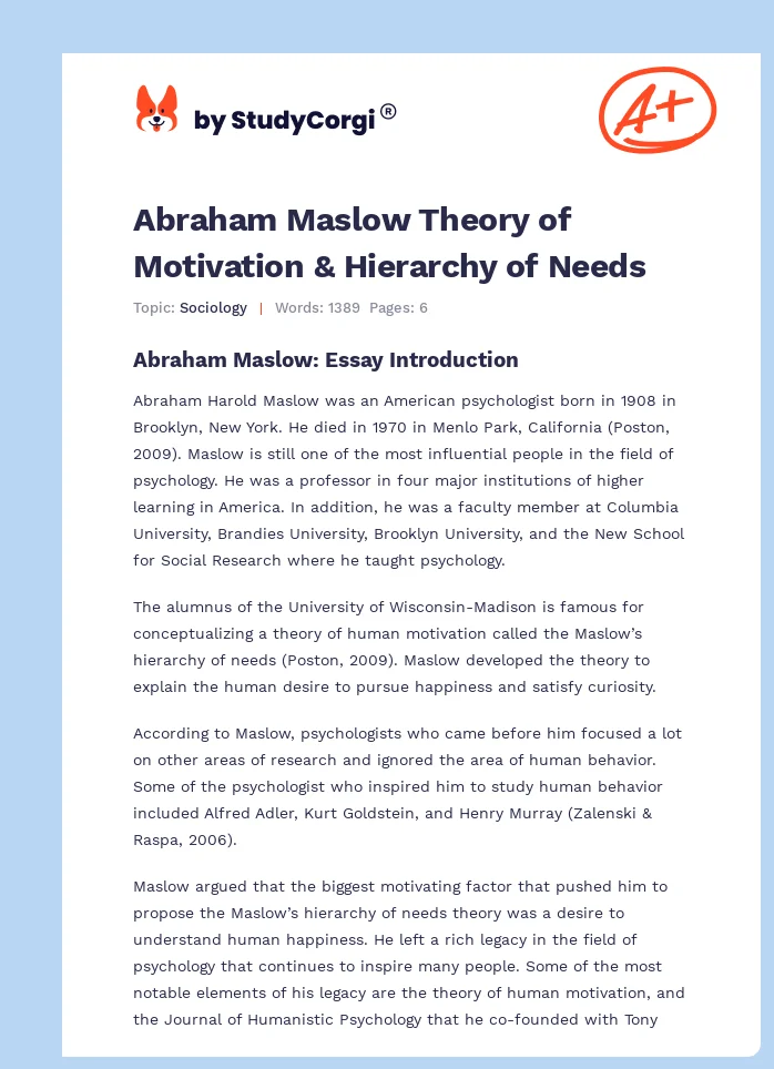 Abraham Maslow Theory of Motivation & Hierarchy of Needs. Page 1