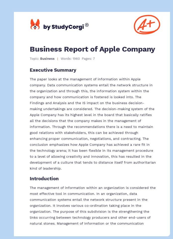 Business Report of Apple Company. Page 1